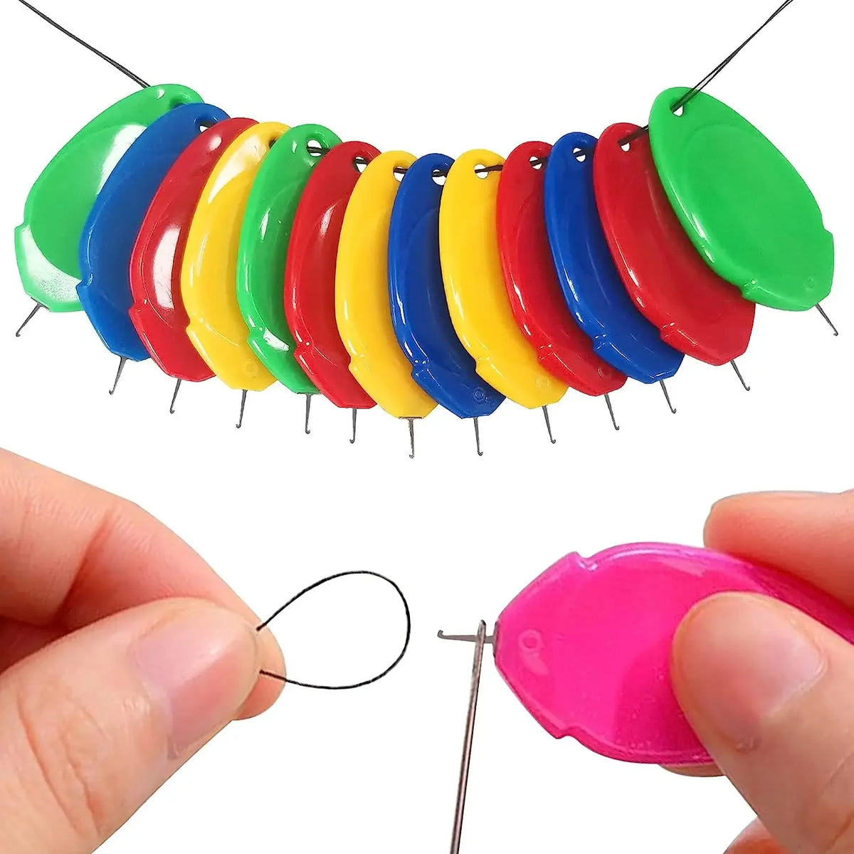 A set of colorful needle threaders with various colored plastic tips shown against a white background.