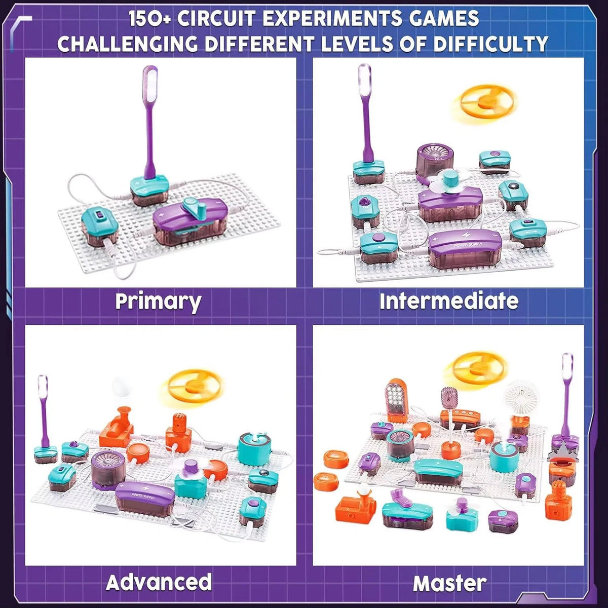 A set of electronic circuit experiments games with different difficulty levels including Primary, Intermediate, Advanced, and