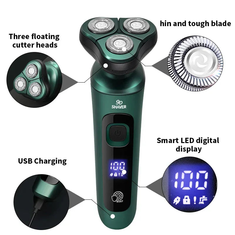 A green electric shaver with three floating cutter heads, USB charging port, and a smart LED digital display.