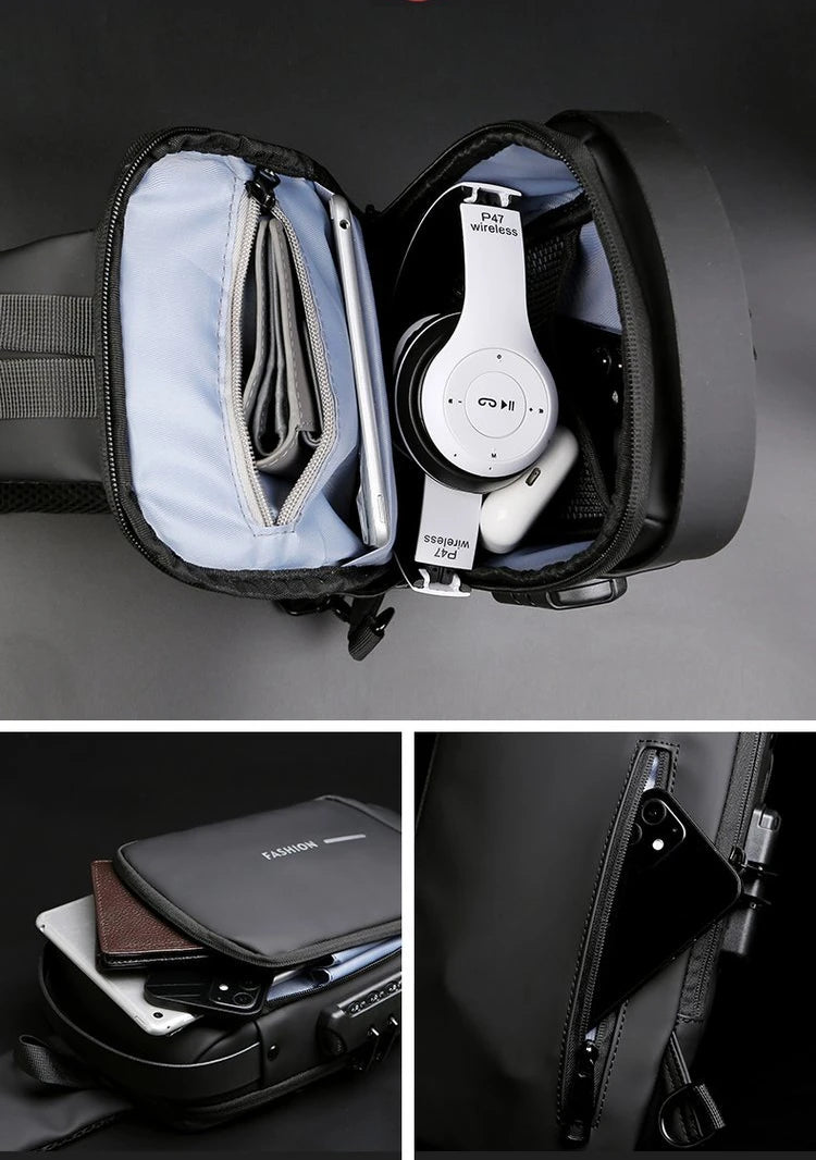 Bolsa cruzada antirrobo negra abierta, mostrando un auricular inalámbrico blanco y un teléfono inteligente en su interior.
