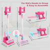 Pink kids interactive toy vacuum cleaner with lights and sounds shown in various assembly configurations