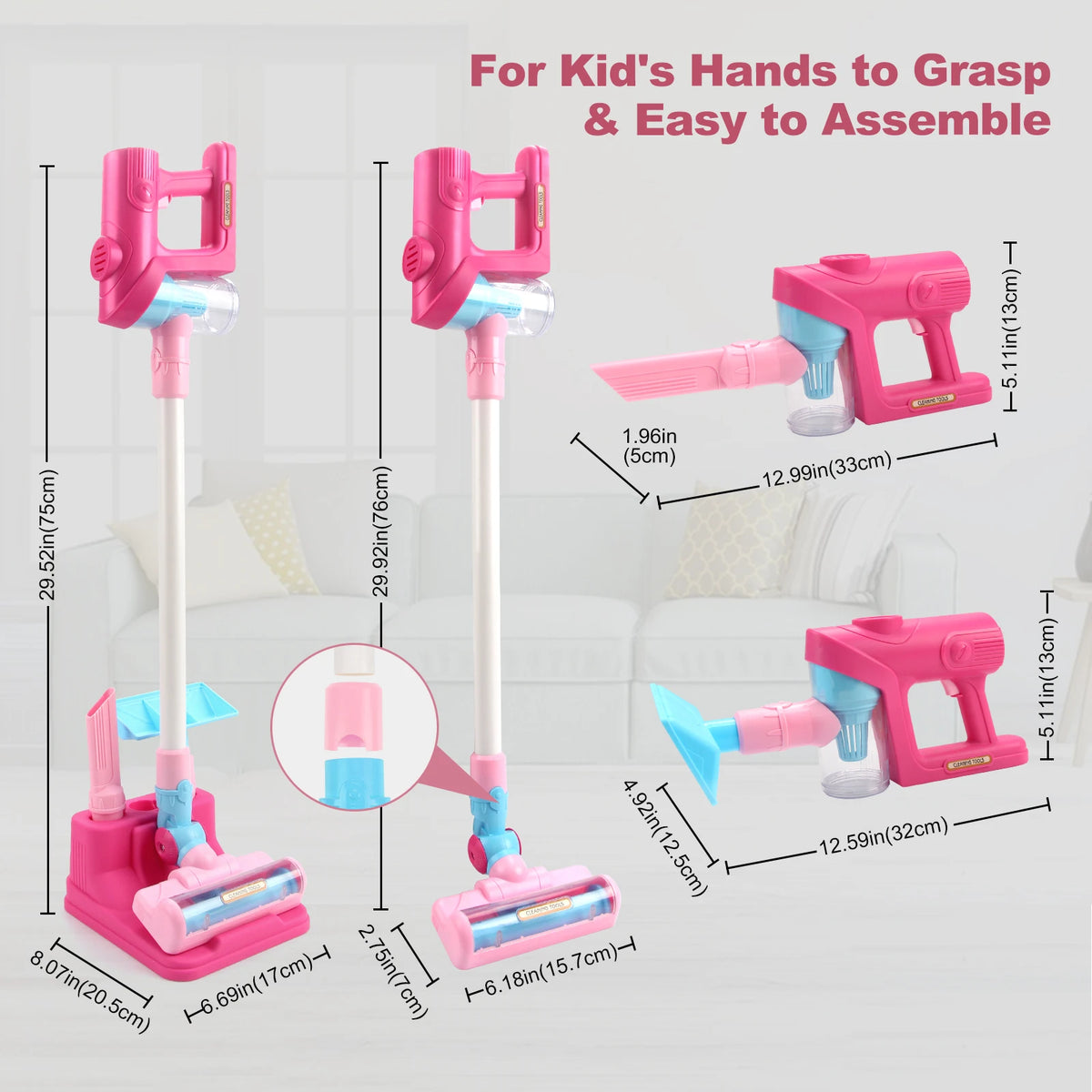 Pink kids interactive toy vacuum cleaner with lights and sounds shown in various assembly configurations