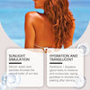 A woman's back and shoulder shows a bronzed glow, with text describing sunlight simulation and hydration.
