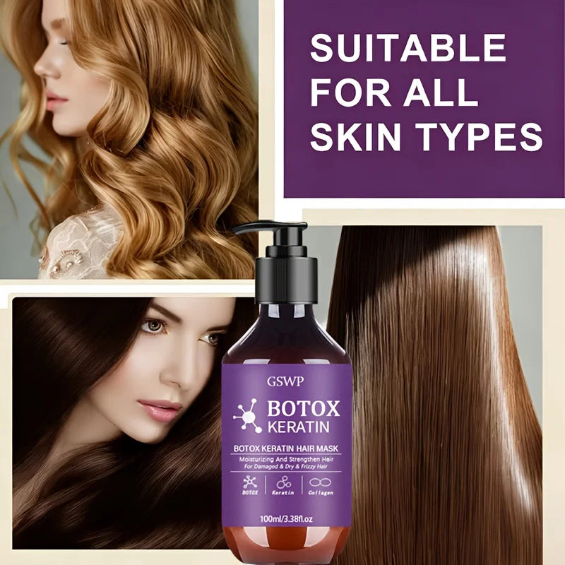 En flaske Botox Keratin Hair Mask ved siden av en kvinnes hår, egnet for alle hudtyper.