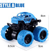 Blue pull-back stunt SUV toy car with large wheels and black body.