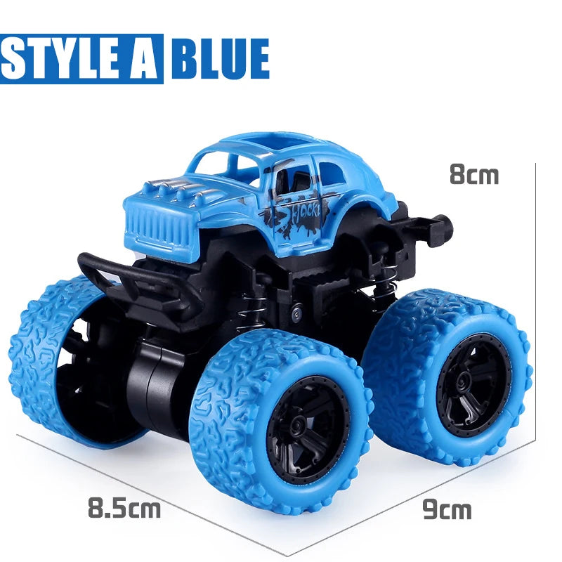 Blue pull-back stunt SUV toy car with large wheels and black body.