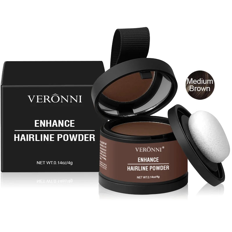 Veronni Enhance Hairline Powder in medium brown shade shown with packaging and applicator.