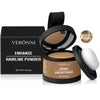 Veronni Enhance Hairline Powder in a black compact and loose powder on an oval white pad.