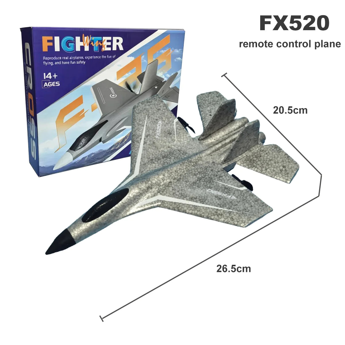 A gray SU-35 fighter plane remote control plane with wings and fuselage shown next to its box.
