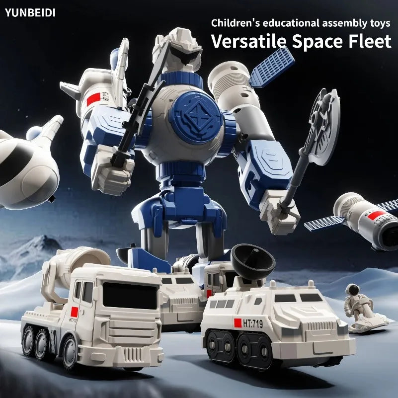 A versatile space fleet toy set featuring various robot and vehicle models in white and blue colors.