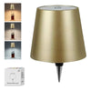 A gold-colored table lamp with a conical shade and a silver base, shown in multiple views.