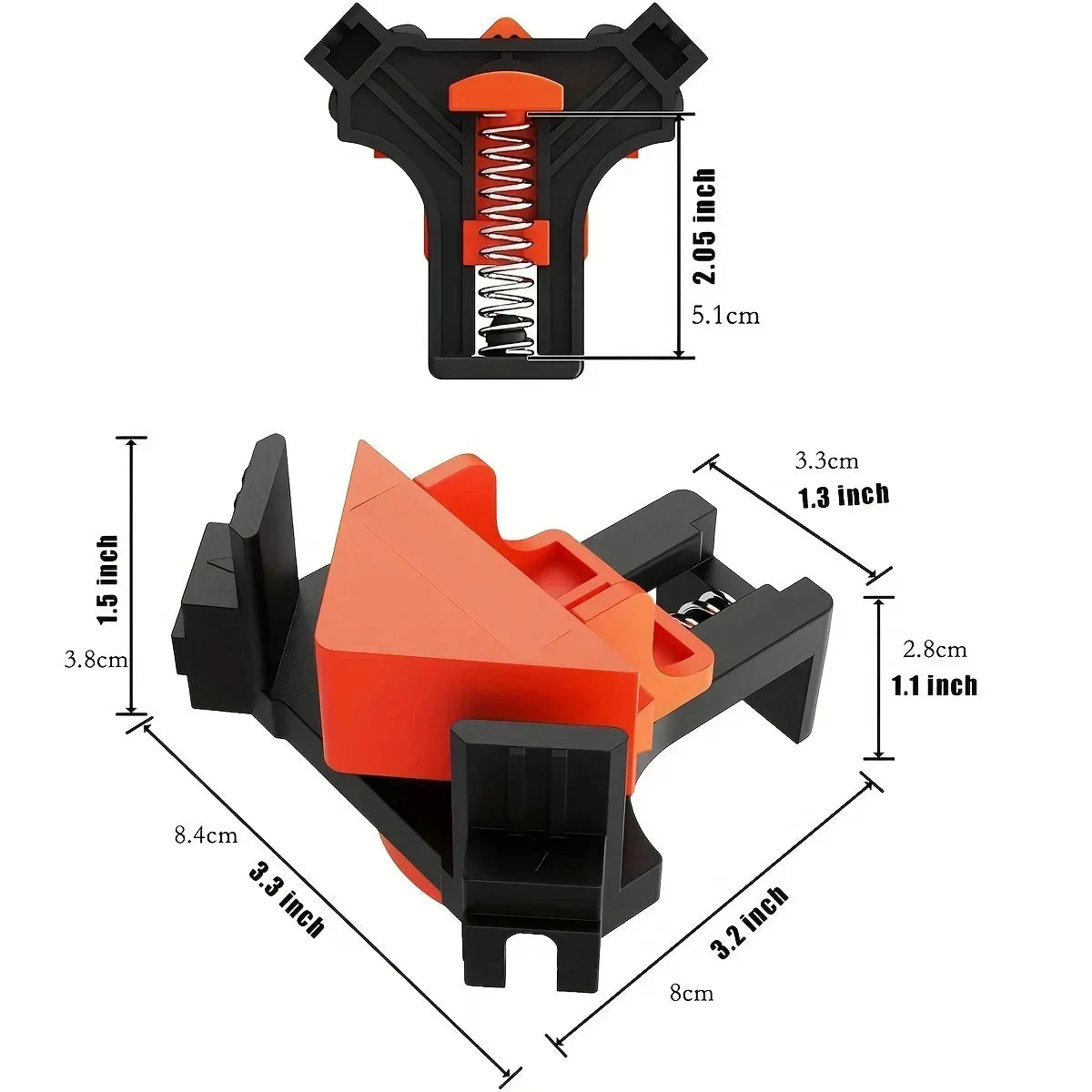 A set of four adjustable right-angle clamps in black and orange for woodworking and DIY projects.