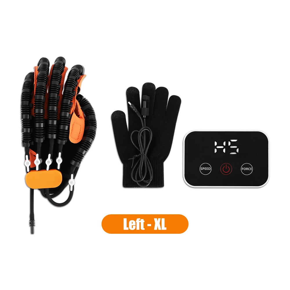 Black hand rehabilitation robot glove with wires and a power unit for stroke recovery