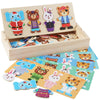 A wooden puzzle set featuring bear and animal figures for children's dress-up play