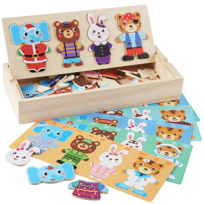 A wooden puzzle set featuring bear and animal figures for children's dress-up play