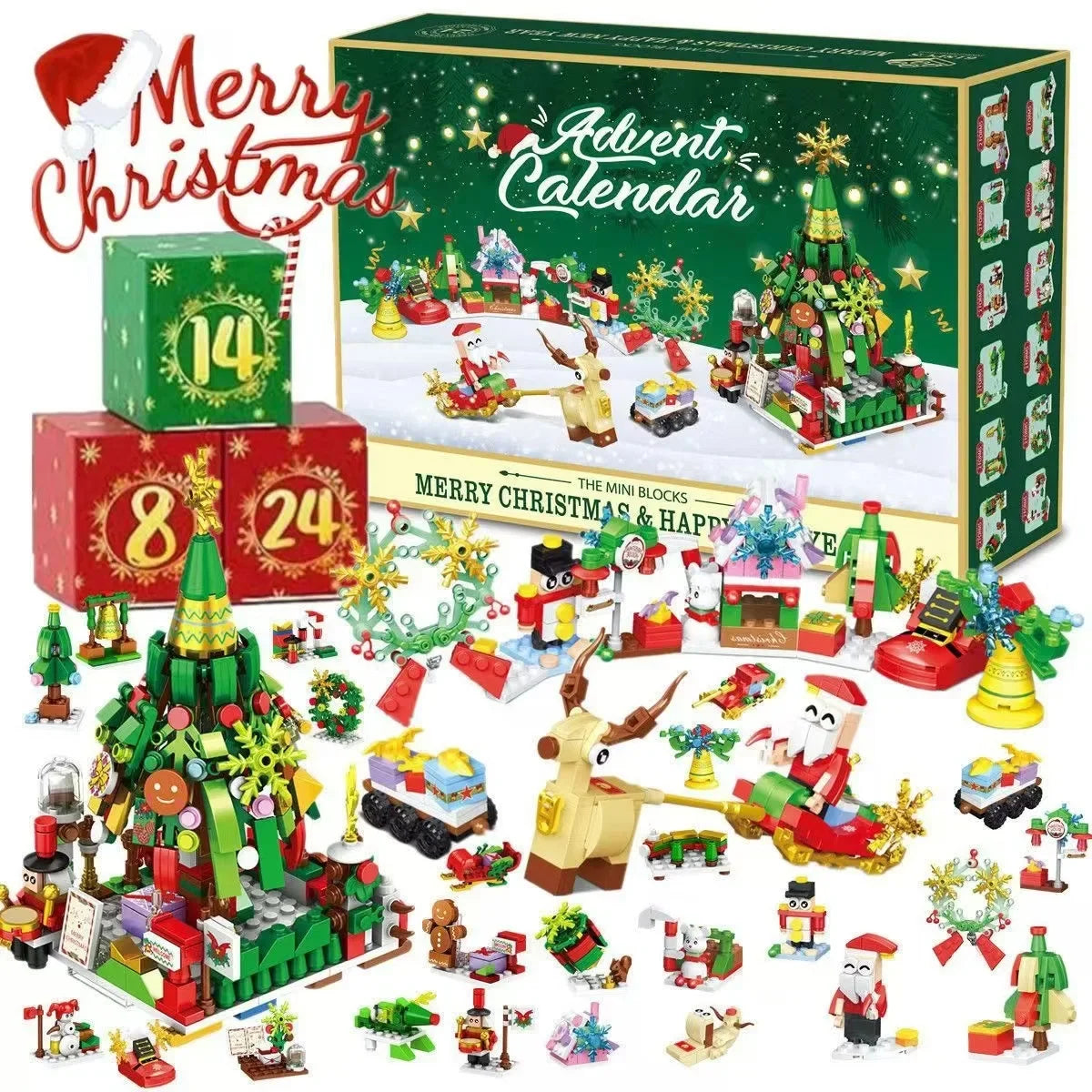 Låda med en DIY-julkalender i form av ett tåg med 24 byggklossar och jultågsscener.