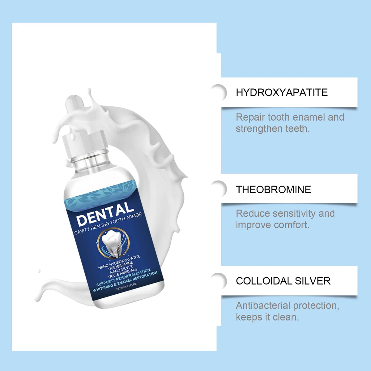 A bottle of Dental Cavity Healing Tooth Armor drops is shown next to descriptions of its ingredients: Hydroxyapatite, Theobro