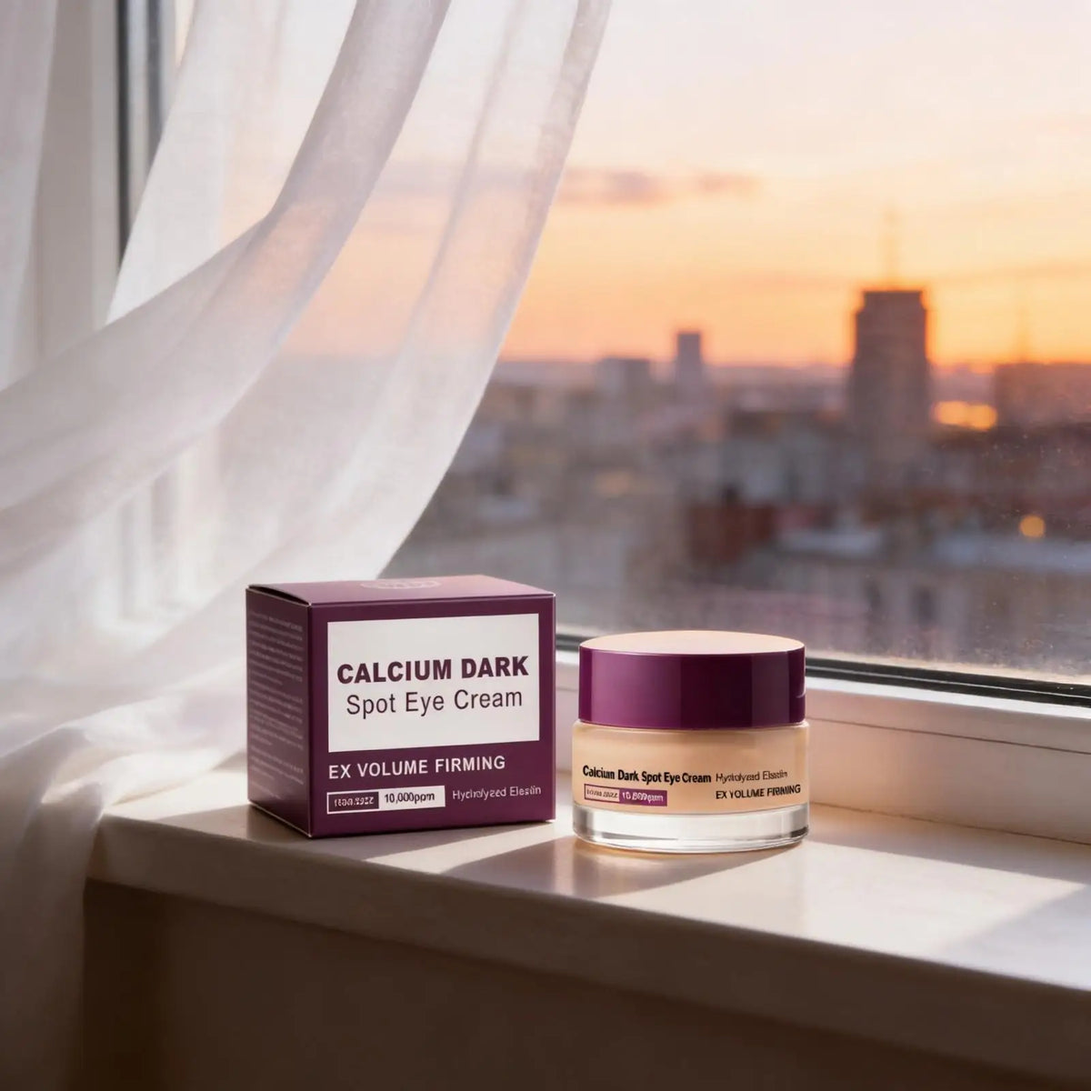 A dark purple jar of Calcium Dark Spot Eye Cream sits on a windowsill with soft natural light.