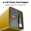 A three-port output charger with A and 2C ports visible on a yellow device.