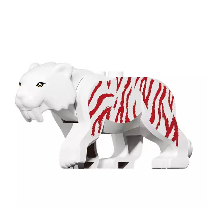 A white and red striped lion figure made of interlocking building blocks.