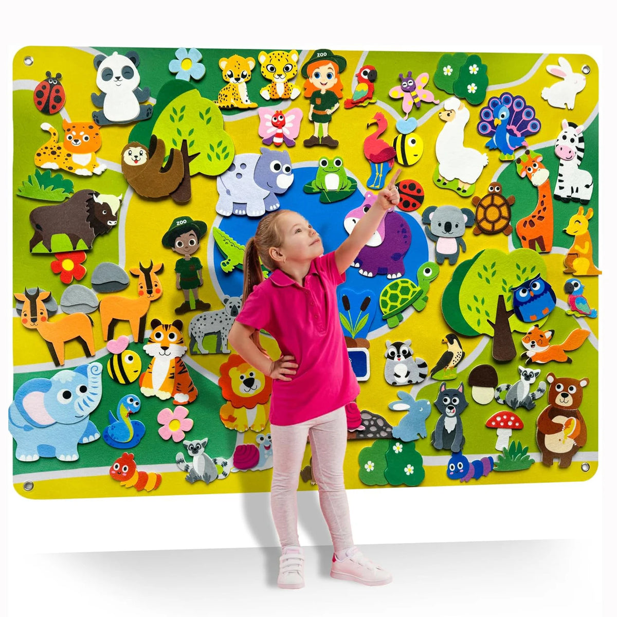 A colorful felt story board featuring various zoo animals for interactive learning.