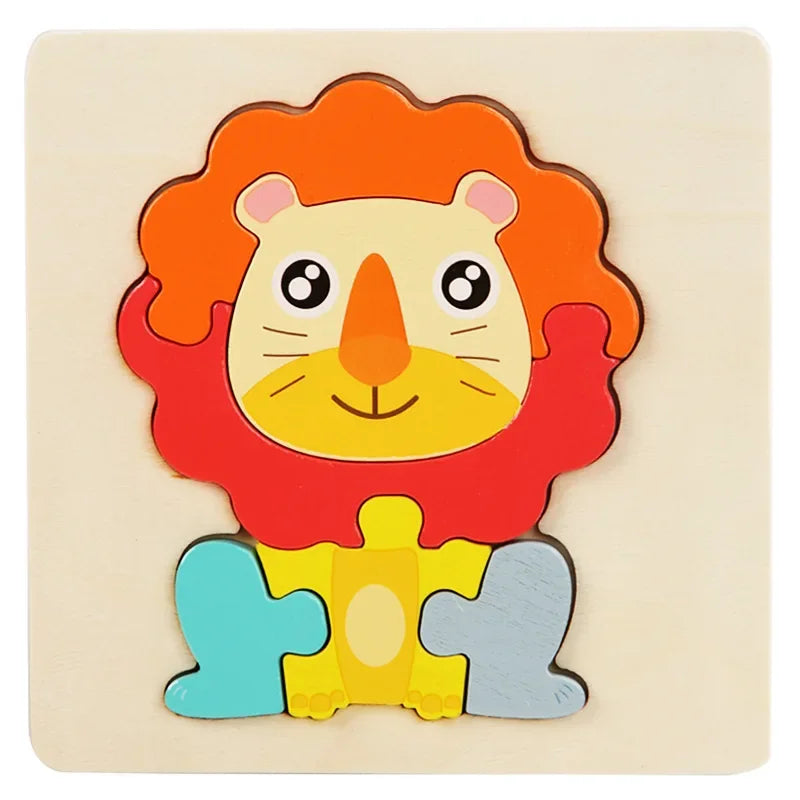 A wooden 3D jigsaw puzzle of a lion face and body in orange, yellow, and blue colors.