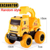 Yellow excavator toy vehicle with large tires and a cab, shown from the side.