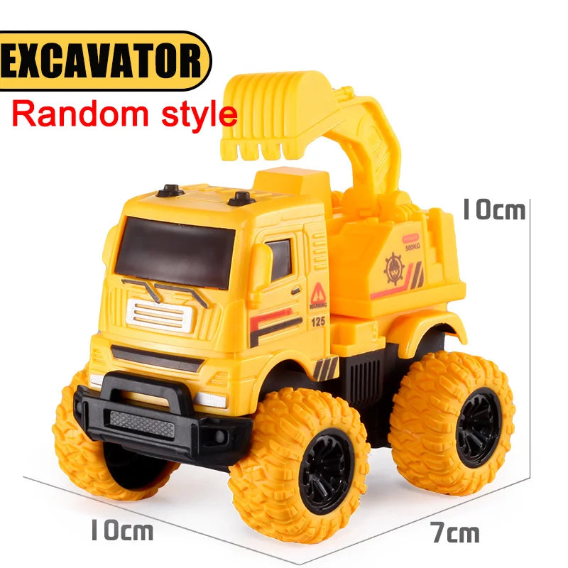 Yellow excavator toy vehicle with large tires and a cab, shown from the side.