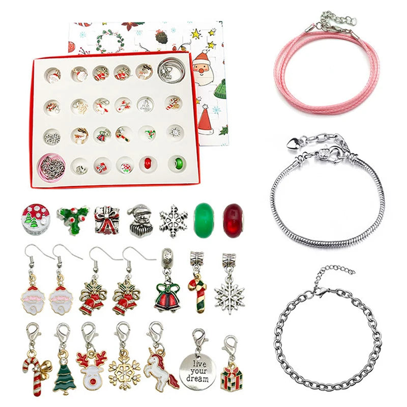 A collection of charm bracelets and a red advent calendar box for a 24-day Christmas countdown.