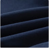 Dark blue denim collar fleece pullover sweatshirt folded and draped