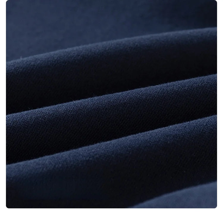 Dark blue denim collar fleece pullover sweatshirt folded and draped
