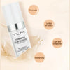 A bottle of TLM foundation color changing liquid foundation with a matte concealer finish surrounded by circular labels indic
