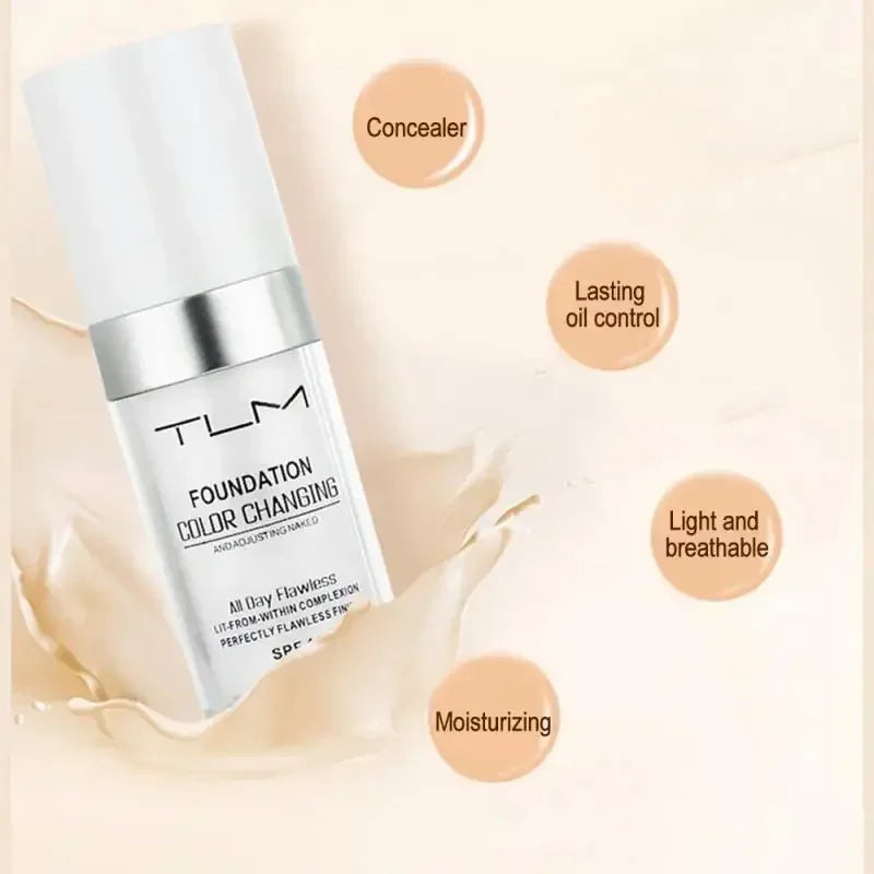 A bottle of TLM foundation color changing liquid foundation with a matte concealer finish surrounded by circular labels indic
