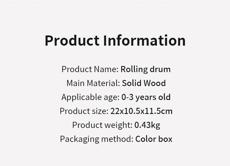 Product information listing details for a rolling drum made of solid wood with specific dimensions and weight.