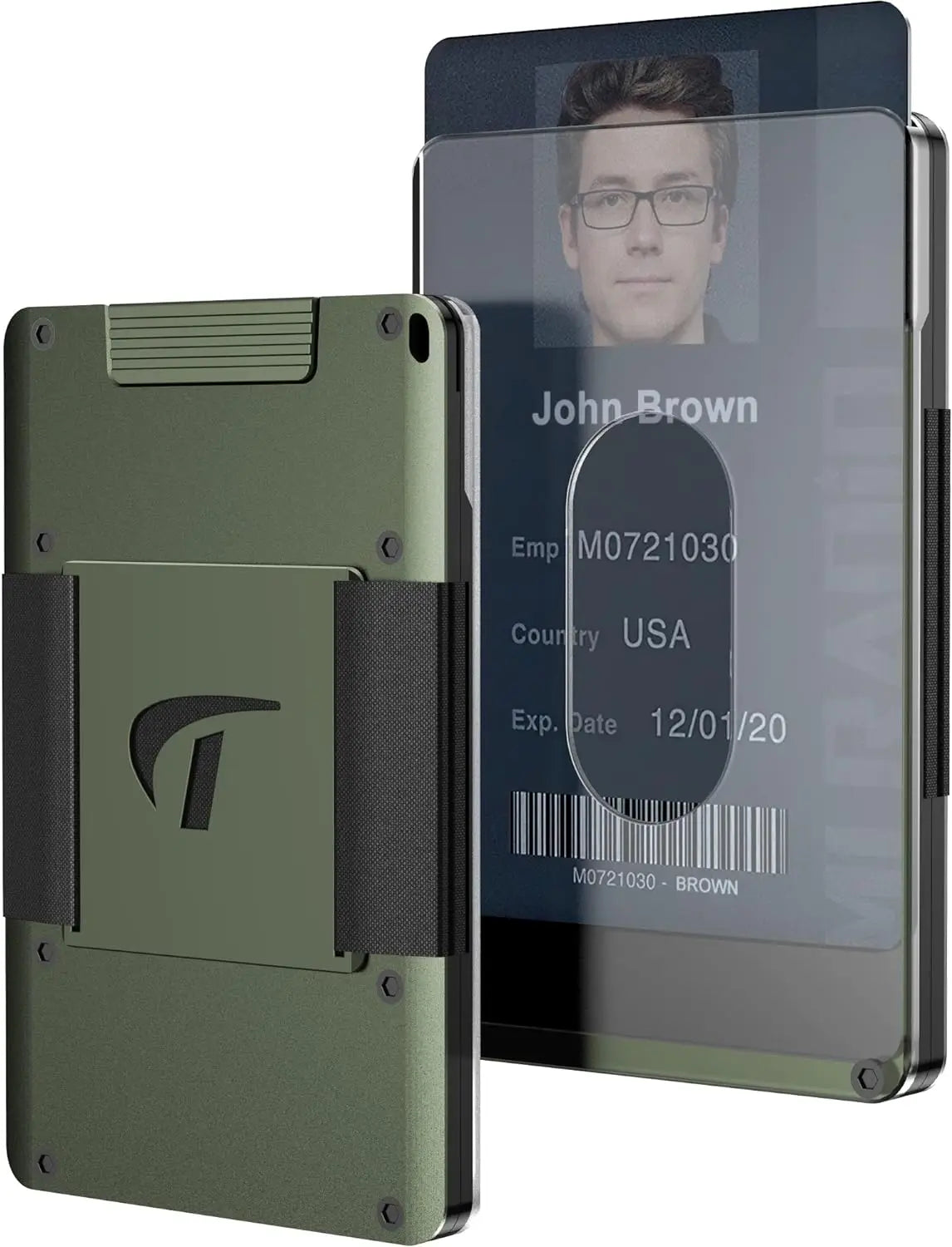 Cartera delgada de aluminio verde con display mostrando foto y datos de John Brown.