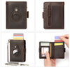 A brown leather smart wallet with a magnetic closure and RFID blocking features shown in various views.