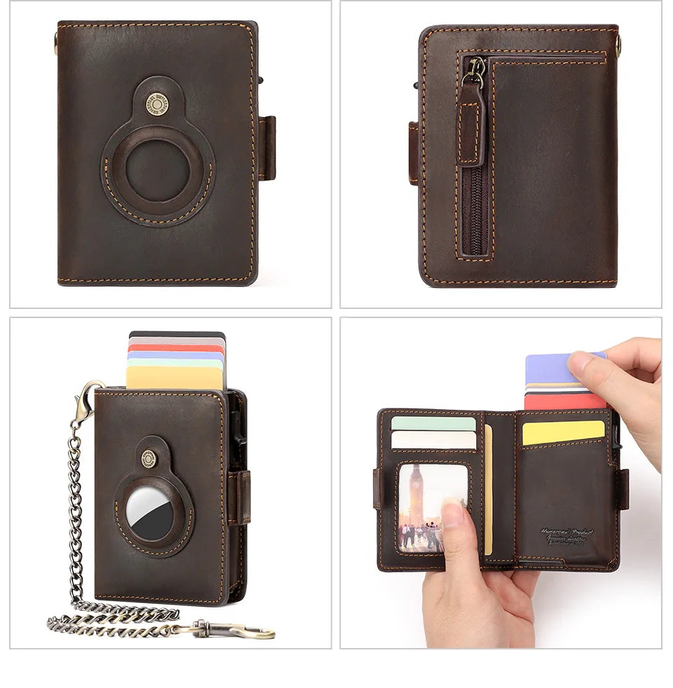 A brown leather smart wallet with a magnetic closure and RFID blocking features shown in various views.