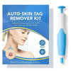 A blue box for an auto skin tag remover kit with a white applicator shown next to it.