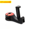 Gancho de reposacabezas de coche negro y soporte para teléfono con acento rojo para asegurar dispositivos.