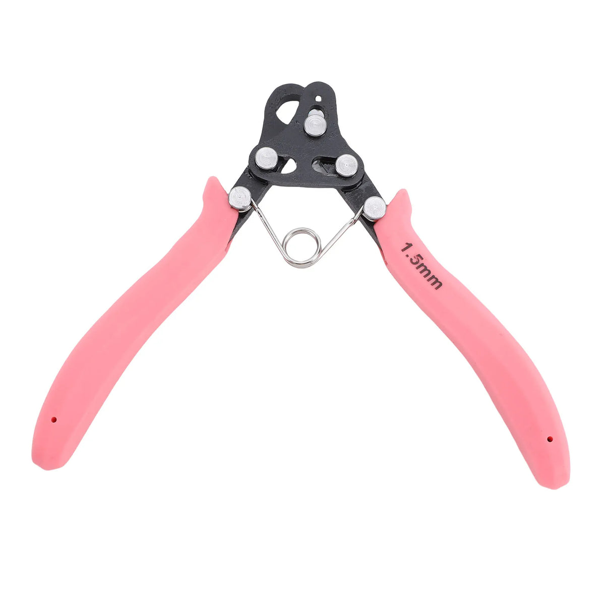 Pink one-step wire looping pliers with a black jaw and silver wire loop.