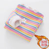 A folded girls color stripe flower print t-shirt with pink, yellow, and blue stripes.