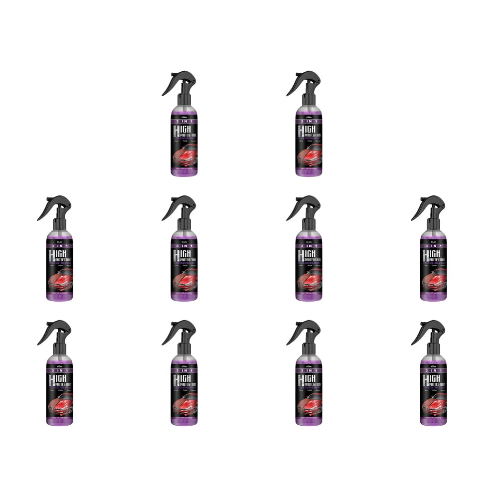 Six bottles of 3-in-1 Nano Ceramic Coating Spray for Cars in dark purple packaging