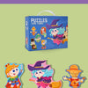 A collection of colorful character puzzles and figures including a wizard, a girl, and various animal-themed pieces.