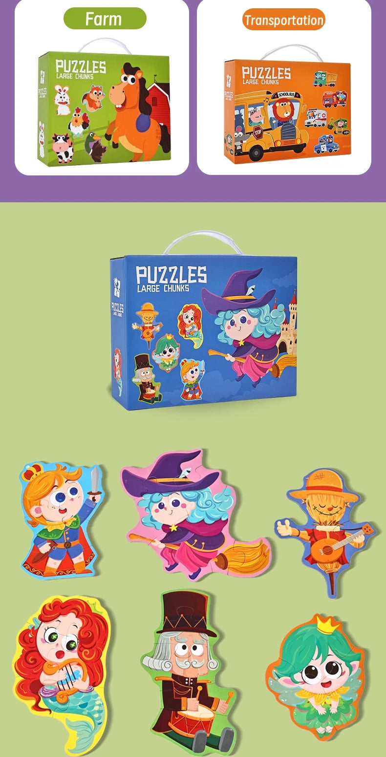 A collection of colorful character puzzles and figures including a wizard, a girl, and various animal-themed pieces.