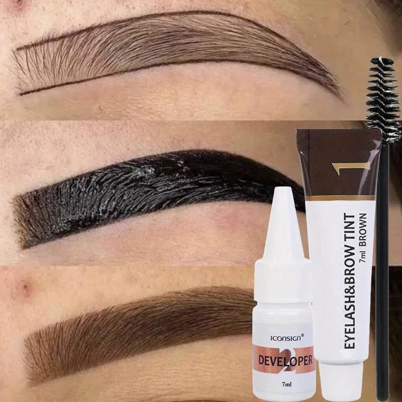 A cosmetic kit showing three shades of brow and eyelash tint, including a developer bottle.