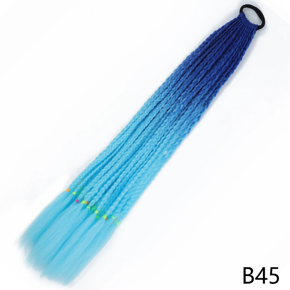 A blue to purple gradient pre-braided ponytail extension with an elastic band.