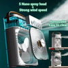 A personal air cooler fan and humidifier device with a transparent tank and adjustable blades is shown.