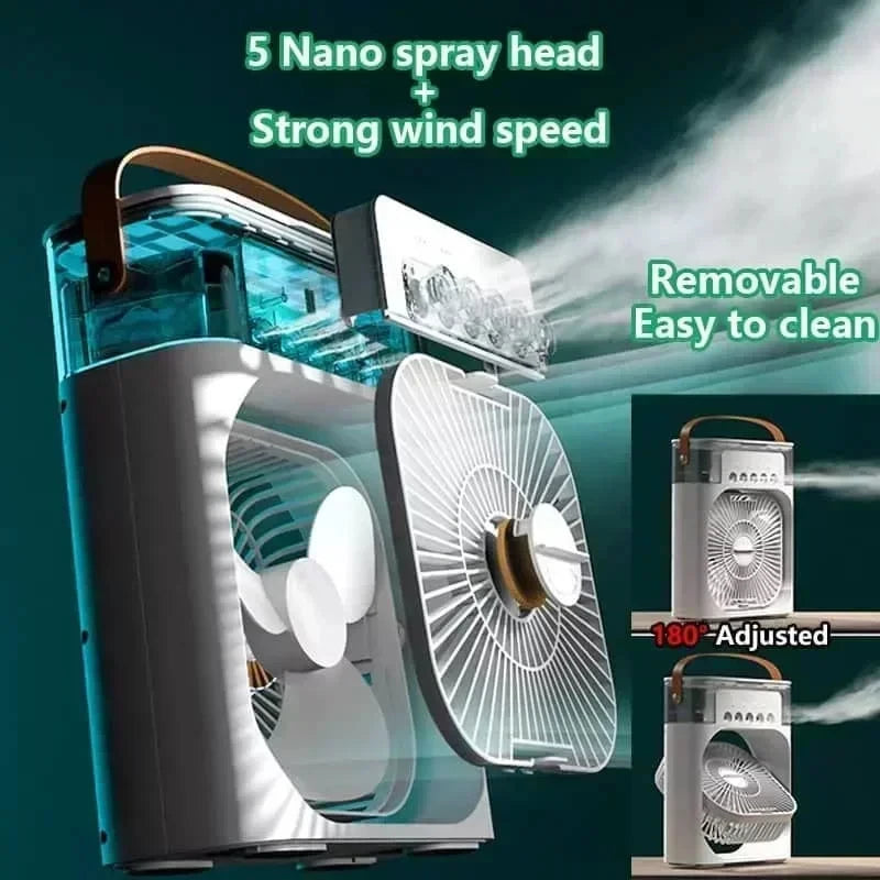A personal air cooler fan and humidifier device with a transparent tank and adjustable blades is shown.