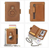 A brown Crazy Horse leather smart wallet shown in multiple views, including a standard wallet and a cardholder with a chain.