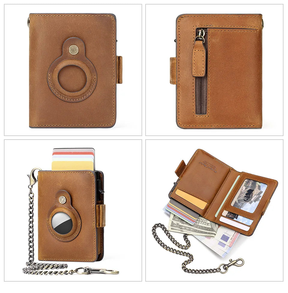 A brown Crazy Horse leather smart wallet shown in multiple views, including a standard wallet and a cardholder with a chain.